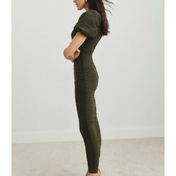 Ronny Kobo Olive Mesh Ruched Midi Dress MEDIUM Slinky Bodycon Cocktail Designer - Picture 2 of 12